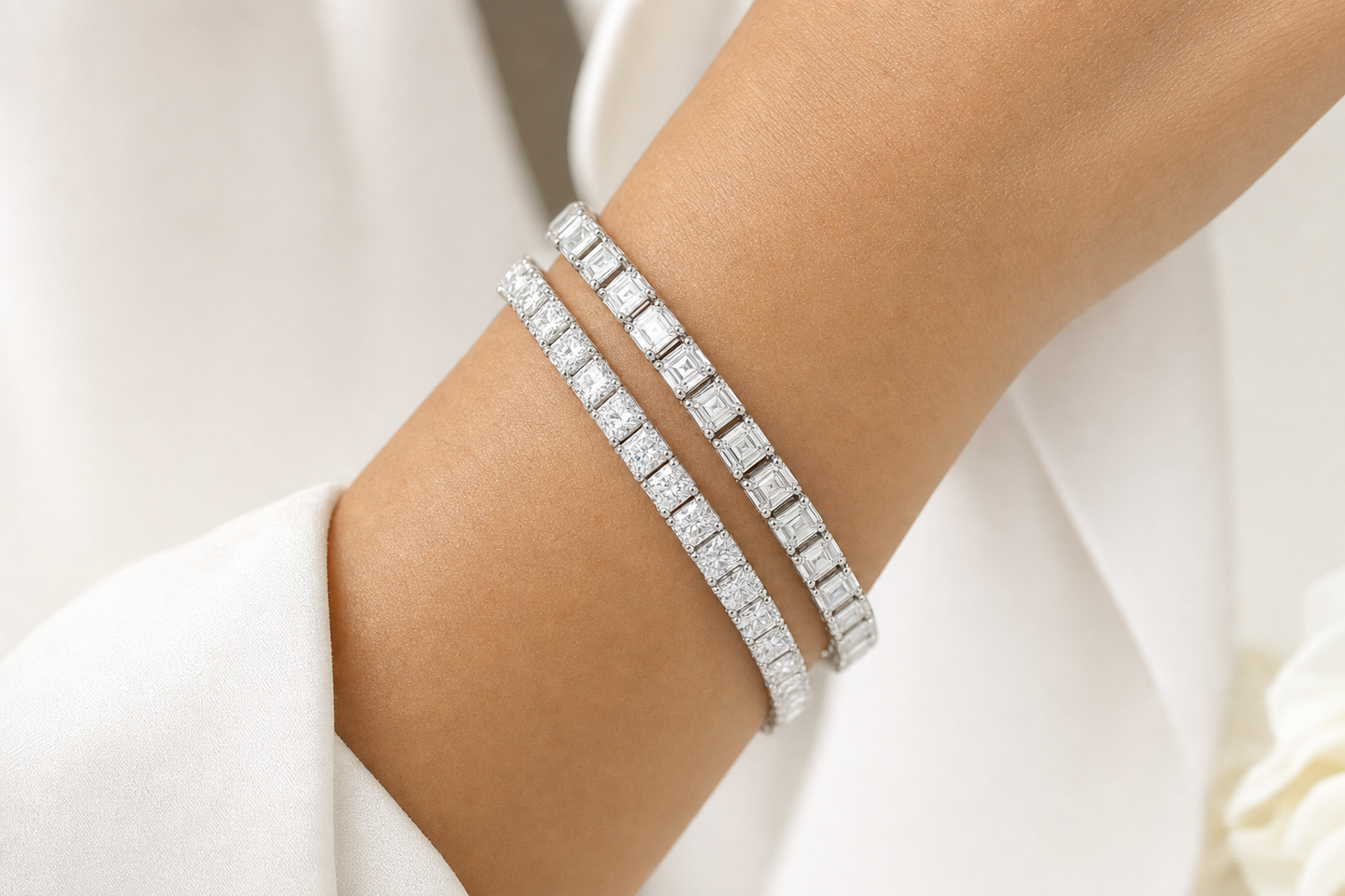 Emerald Cut & Radiant sterling silver tennis bracelet stack - life