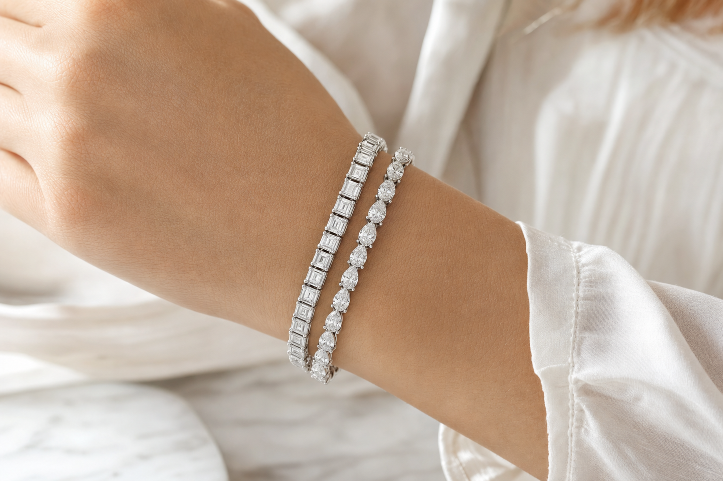 Emerald Cut & Pear sterling silver tennis bracelet stack - life