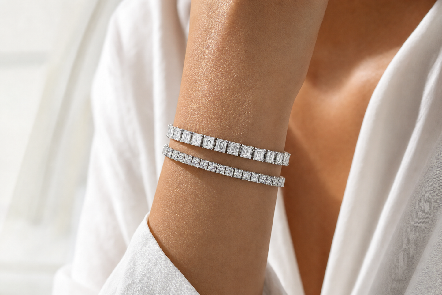 Emerald Cut & Princess sterling silver tennis bracelet stack - life