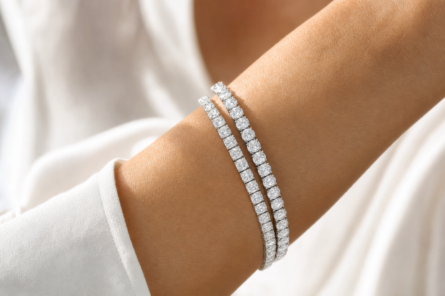 Oval & Elongated Cushion sterling silver tennis bracelet stack - life