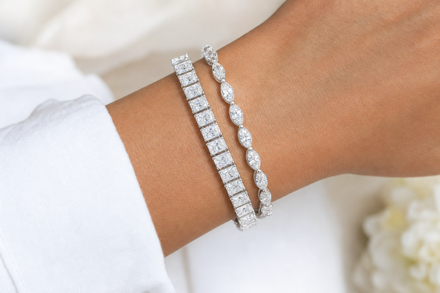 Marquise & Radiant sterling silver tennis bracelet stack - life