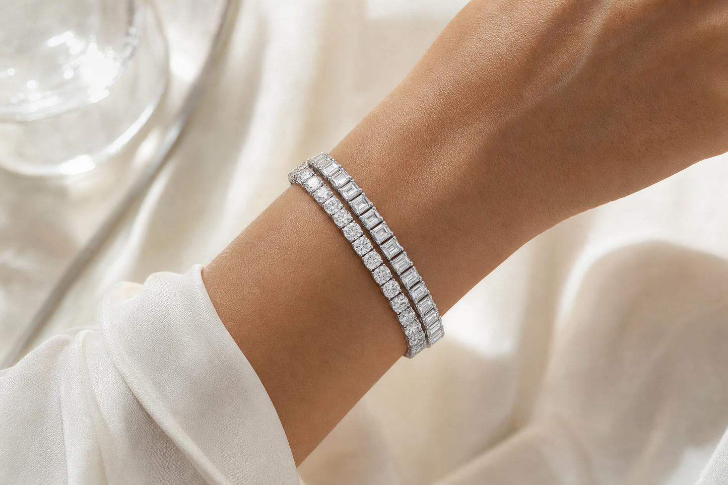 Elongated Cushion & Emerald Cut sterling silver tennis bracelet stack - life