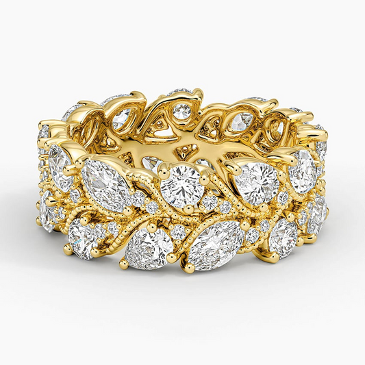 Marquise and Round Lab Grown Diamond 18k Yellow Gold Wedding Bands