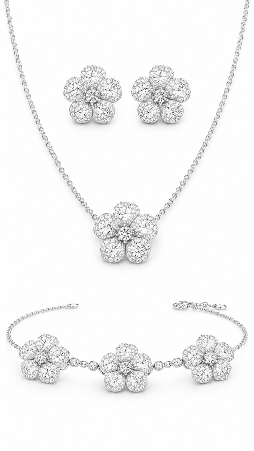 Fleur moissanite flower necklace, earrings and bracelet set in 925 sterling silver