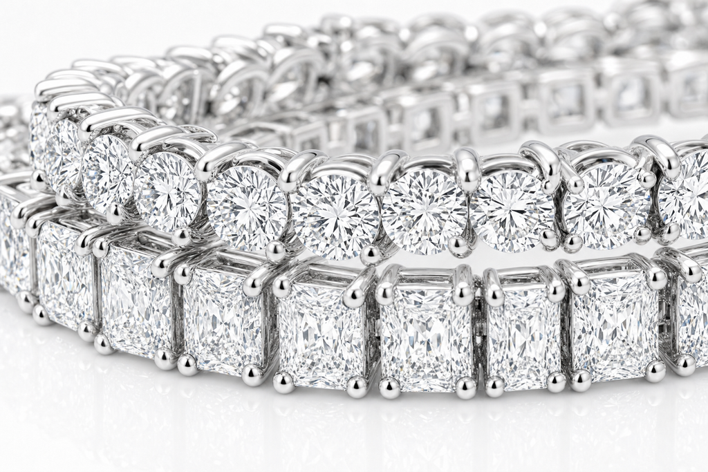 Round & Radiant sterling silver tennis bracelet stack - detail