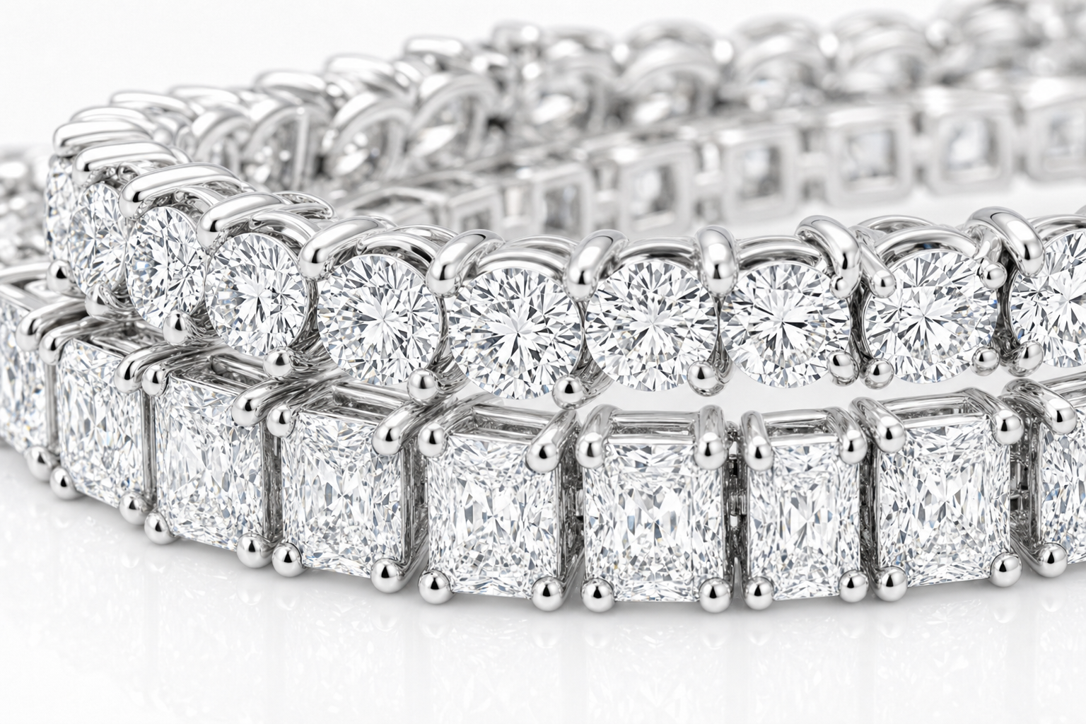 Round & Radiant sterling silver tennis bracelet stack - detail