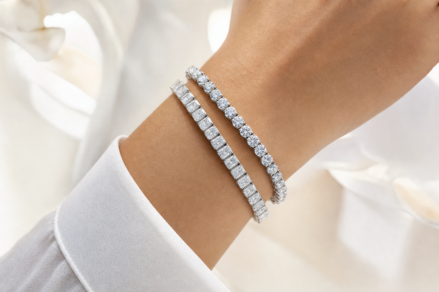 Round & Radiant sterling silver tennis bracelet stack - life