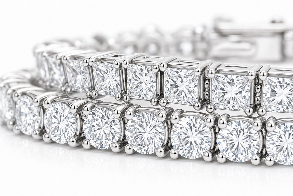 Round & Princess sterling silver tennis bracelet stack - detail