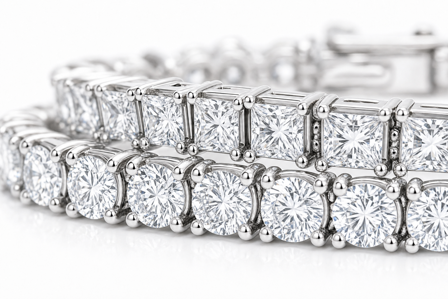Round & Princess sterling silver tennis bracelet stack - detail