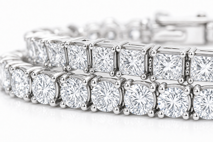 Round & Princess sterling silver tennis bracelet stack - detail