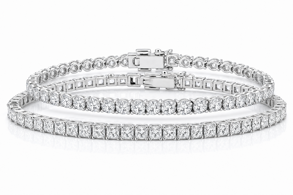 Round & Princess sterling silver tennis bracelet stack - hero