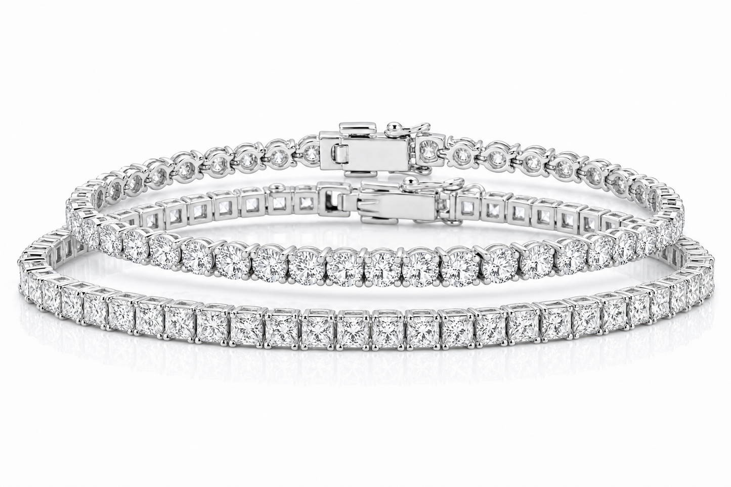 Round & Princess sterling silver tennis bracelet stack - hero