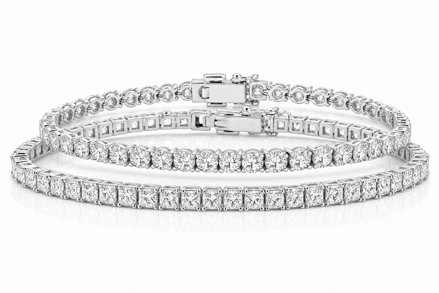 Round & Princess sterling silver tennis bracelet stack - hero