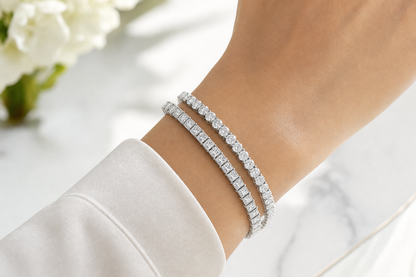 Round & Princess sterling silver tennis bracelet stack - life