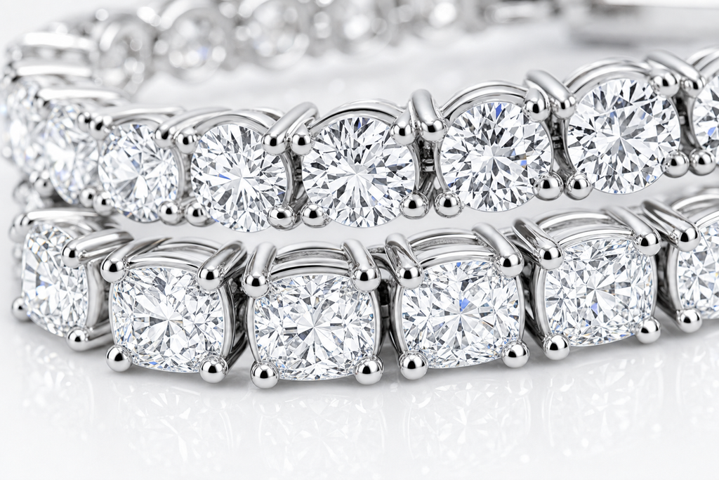 Round & Cushion sterling silver tennis bracelet stack - detail