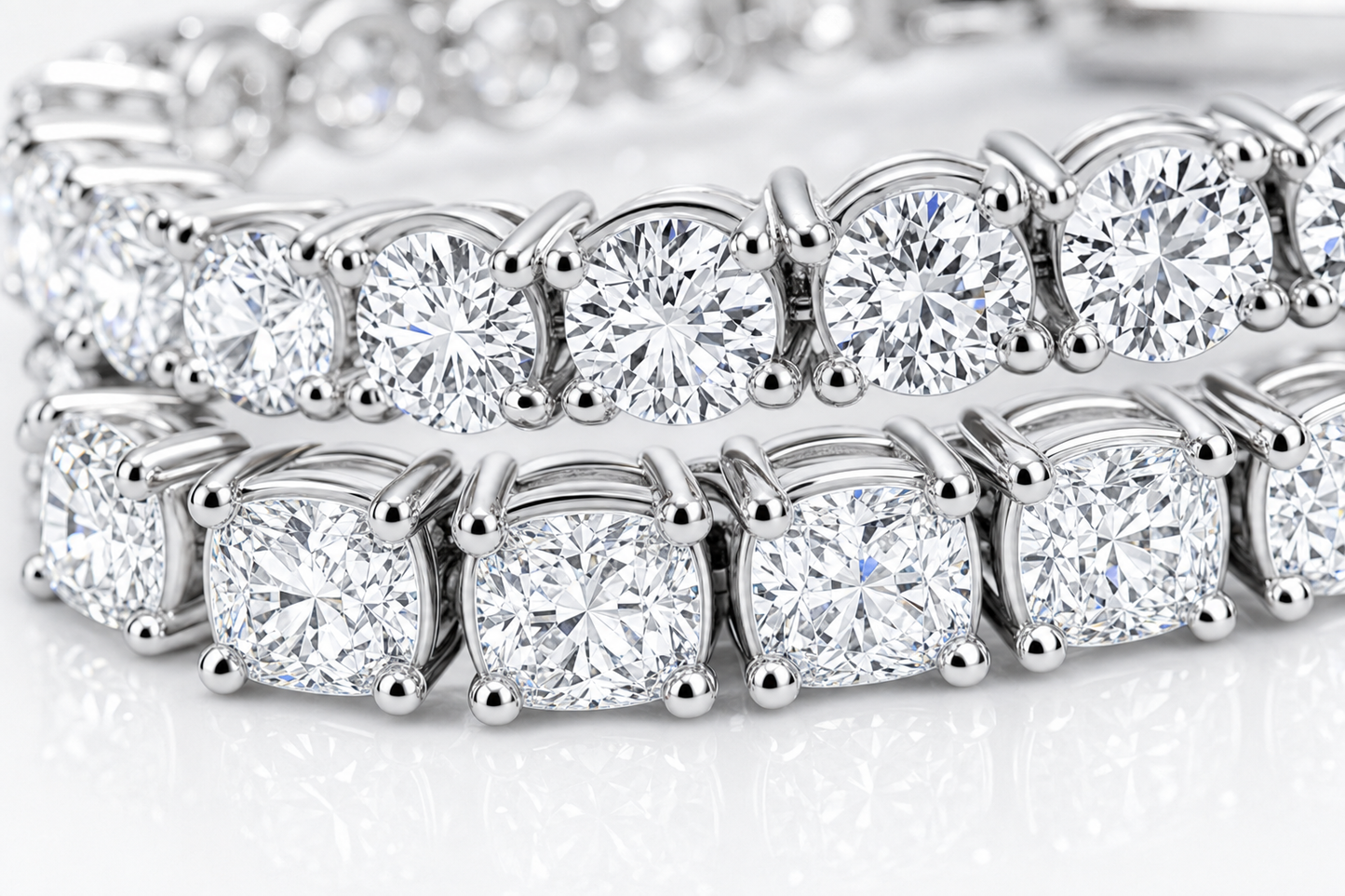 Round & Cushion sterling silver tennis bracelet stack - detail