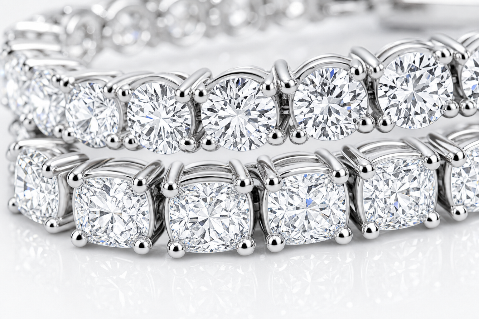 Round & Cushion sterling silver tennis bracelet stack - detail