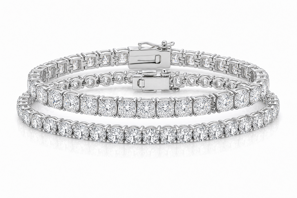 Round & Cushion sterling silver tennis bracelet stack - hero