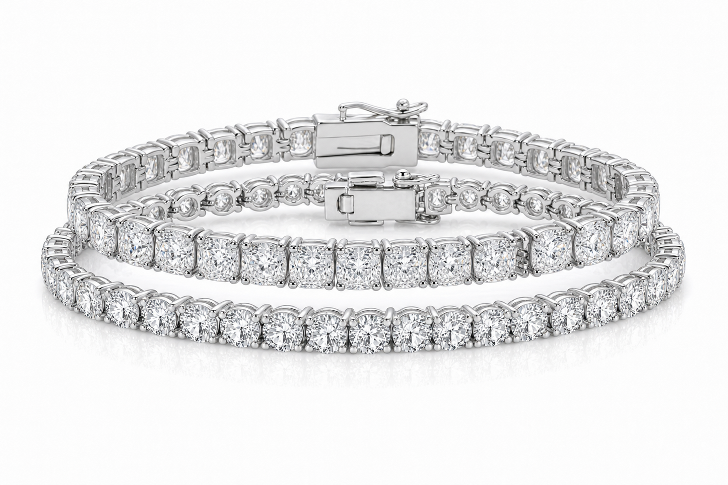 Round & Cushion sterling silver tennis bracelet stack - hero