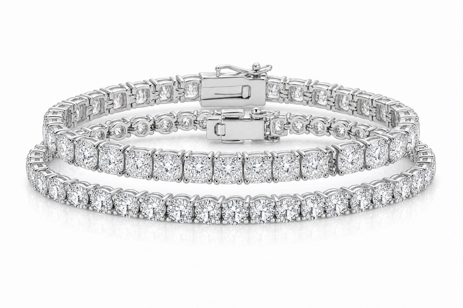 Round & Cushion sterling silver tennis bracelet stack - hero