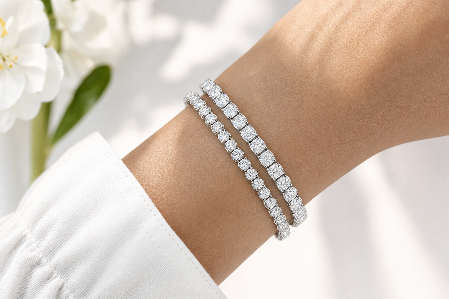 Round & Cushion sterling silver tennis bracelet stack - life