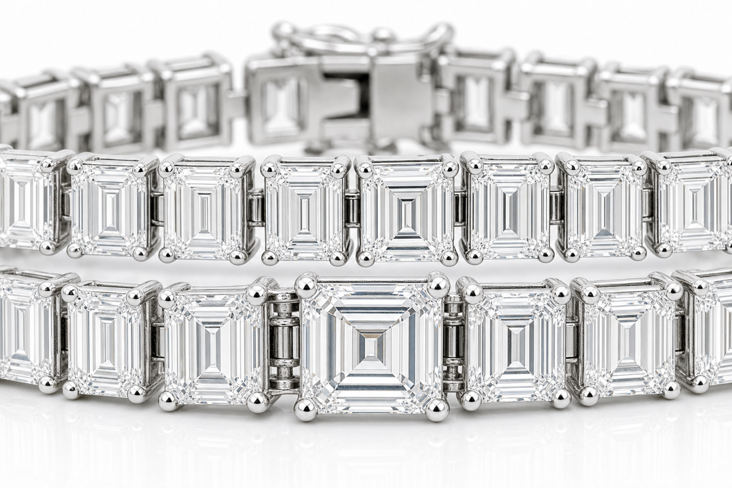Emerald Cut & Emerald Cut (graduated) sterling silver tennis bracelet stack - detail