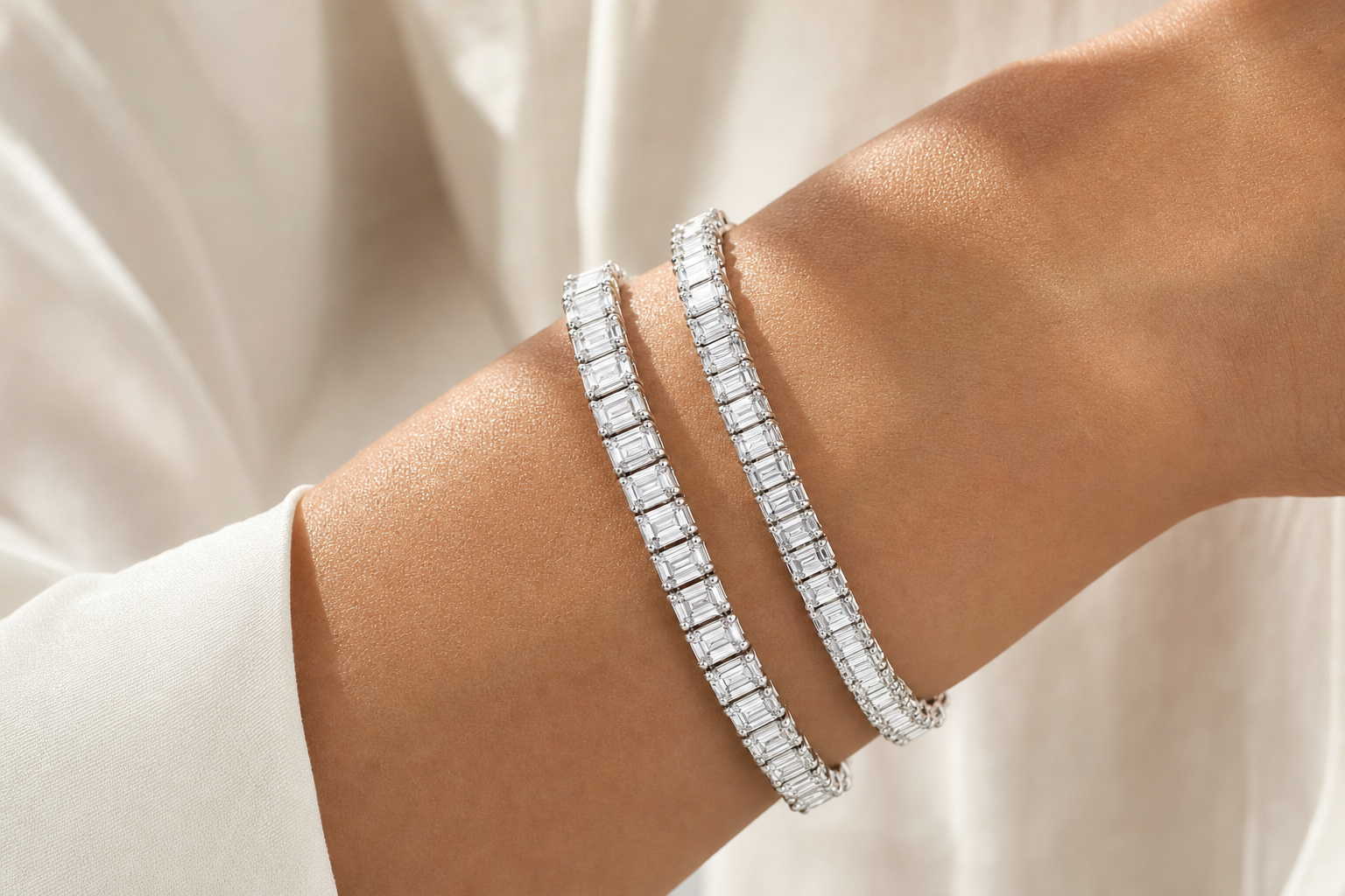 Emerald Cut & Emerald Cut (graduated) sterling silver tennis bracelet stack - life