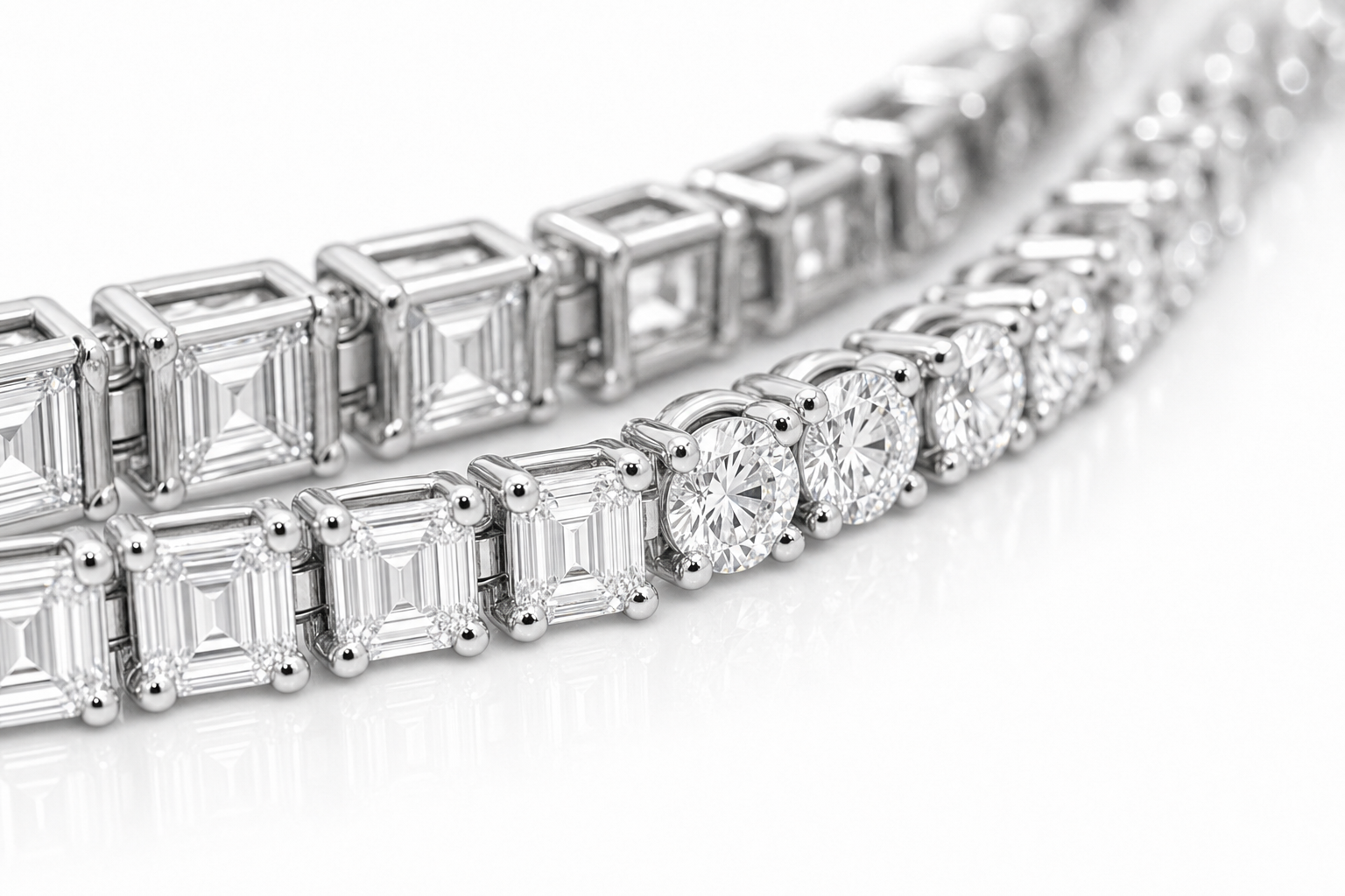 Emerald Cut & Round sterling silver tennis bracelet stack - detail