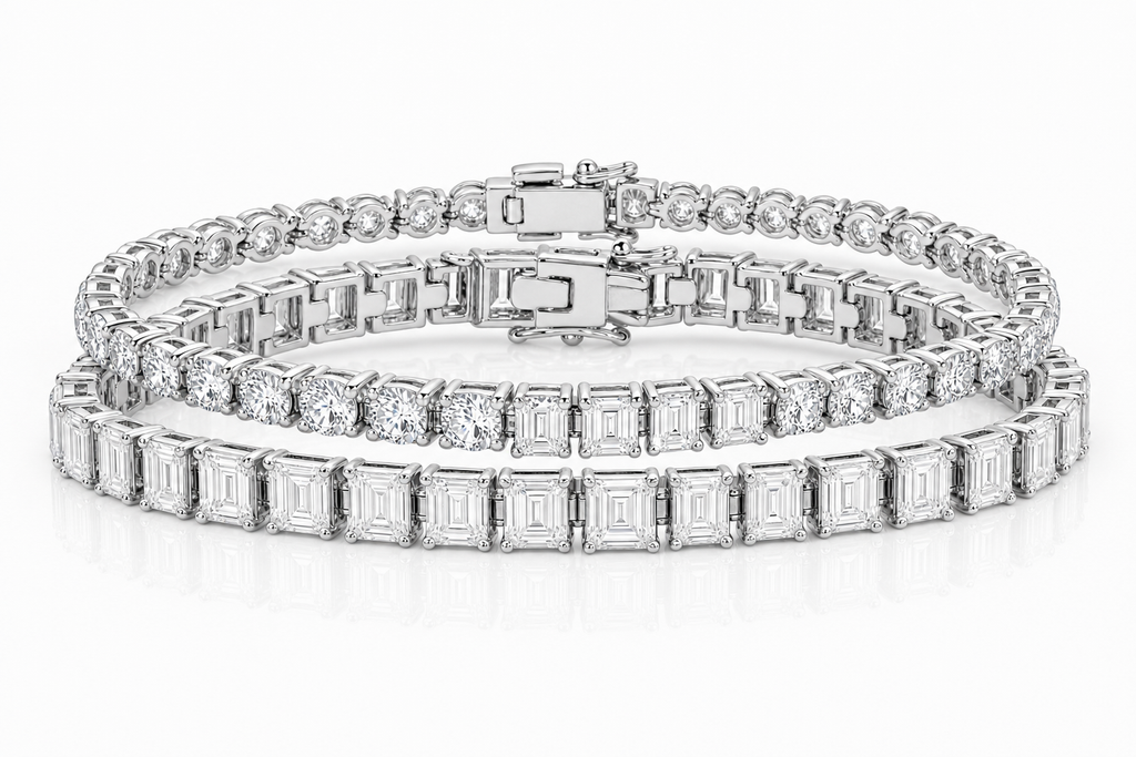 Emerald Cut & Round sterling silver tennis bracelet stack - hero