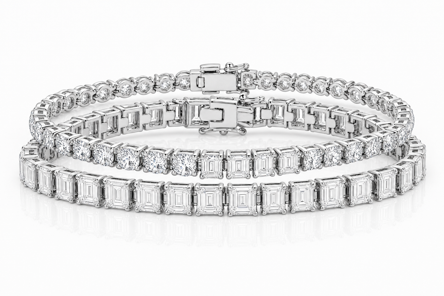 Emerald Cut & Round sterling silver tennis bracelet stack - hero