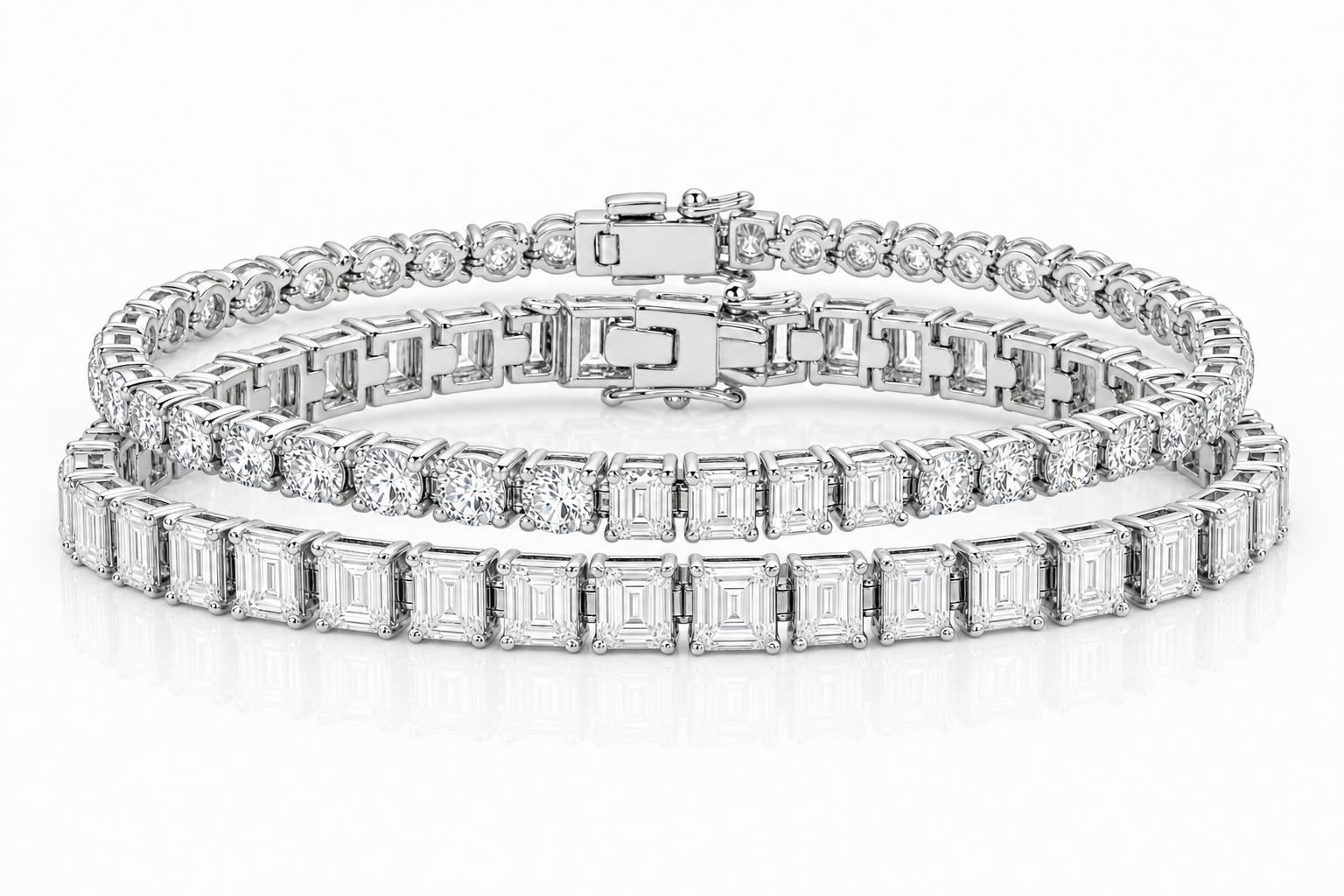 Emerald Cut & Round sterling silver tennis bracelet stack - hero