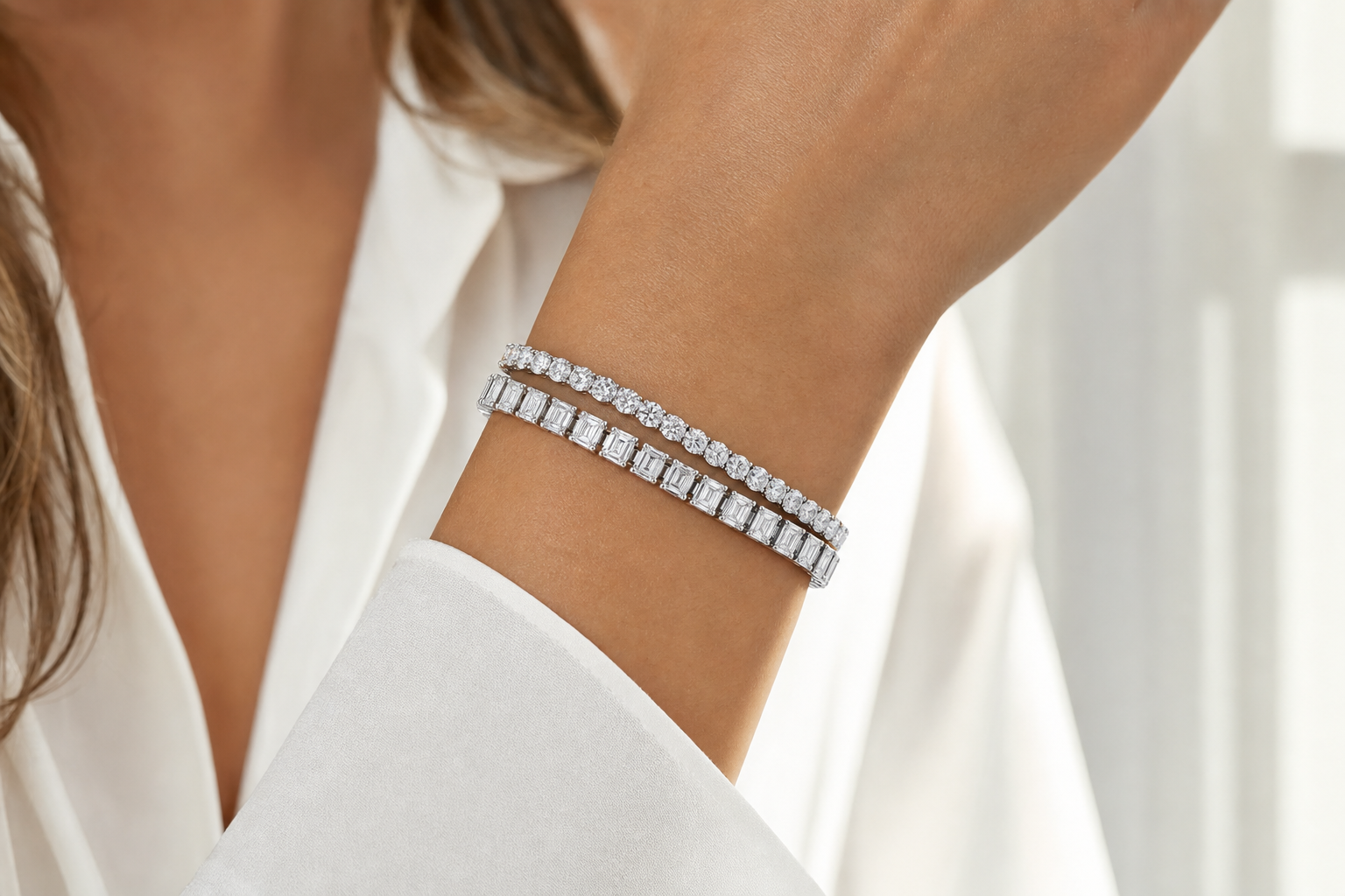 Emerald Cut & Round sterling silver tennis bracelet stack - life
