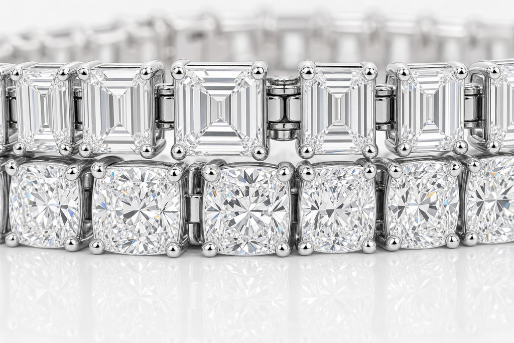 Emerald Cut & Elongated Cushion sterling silver tennis bracelet stack - detail