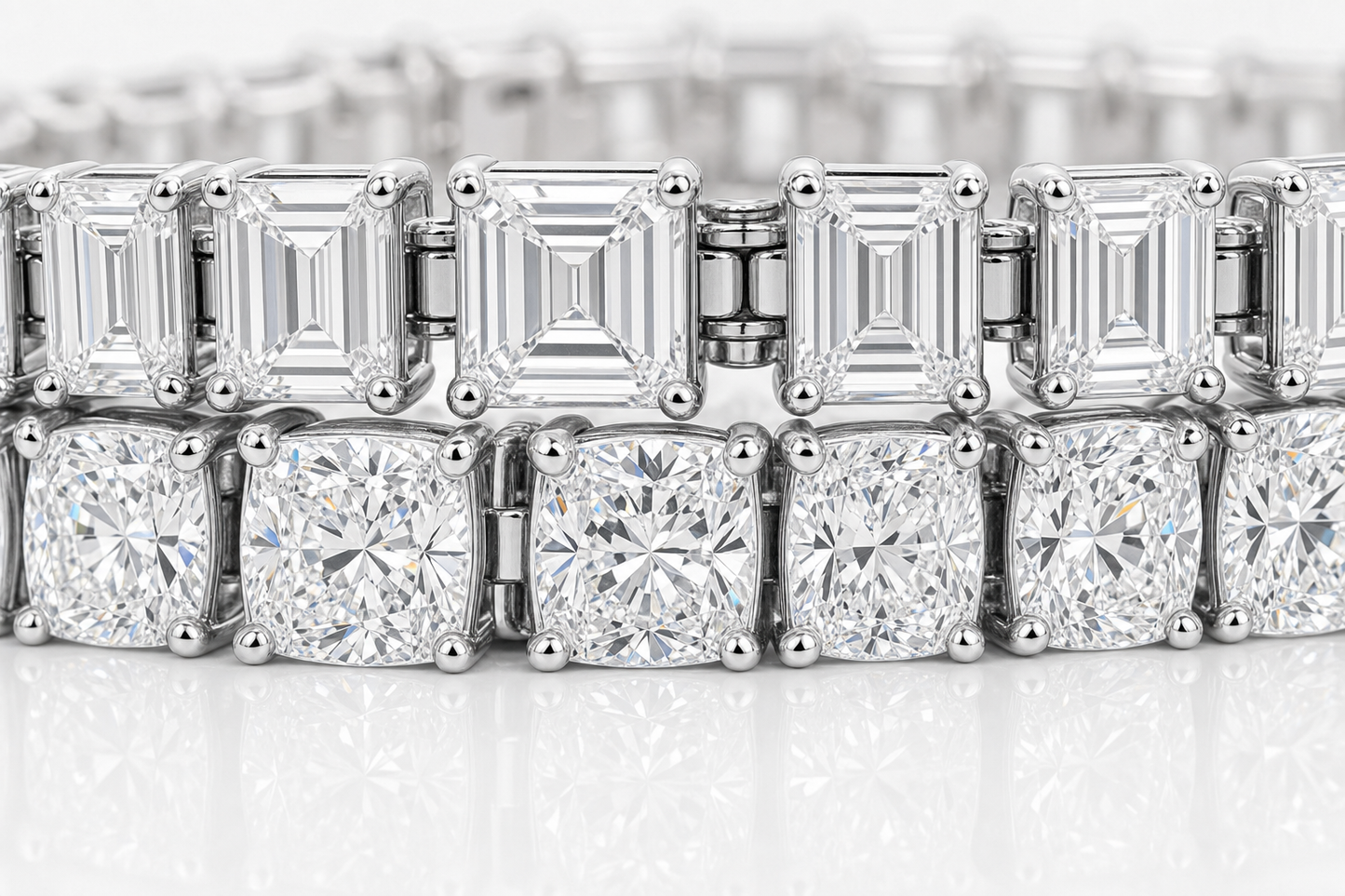 Emerald Cut & Elongated Cushion sterling silver tennis bracelet stack - detail