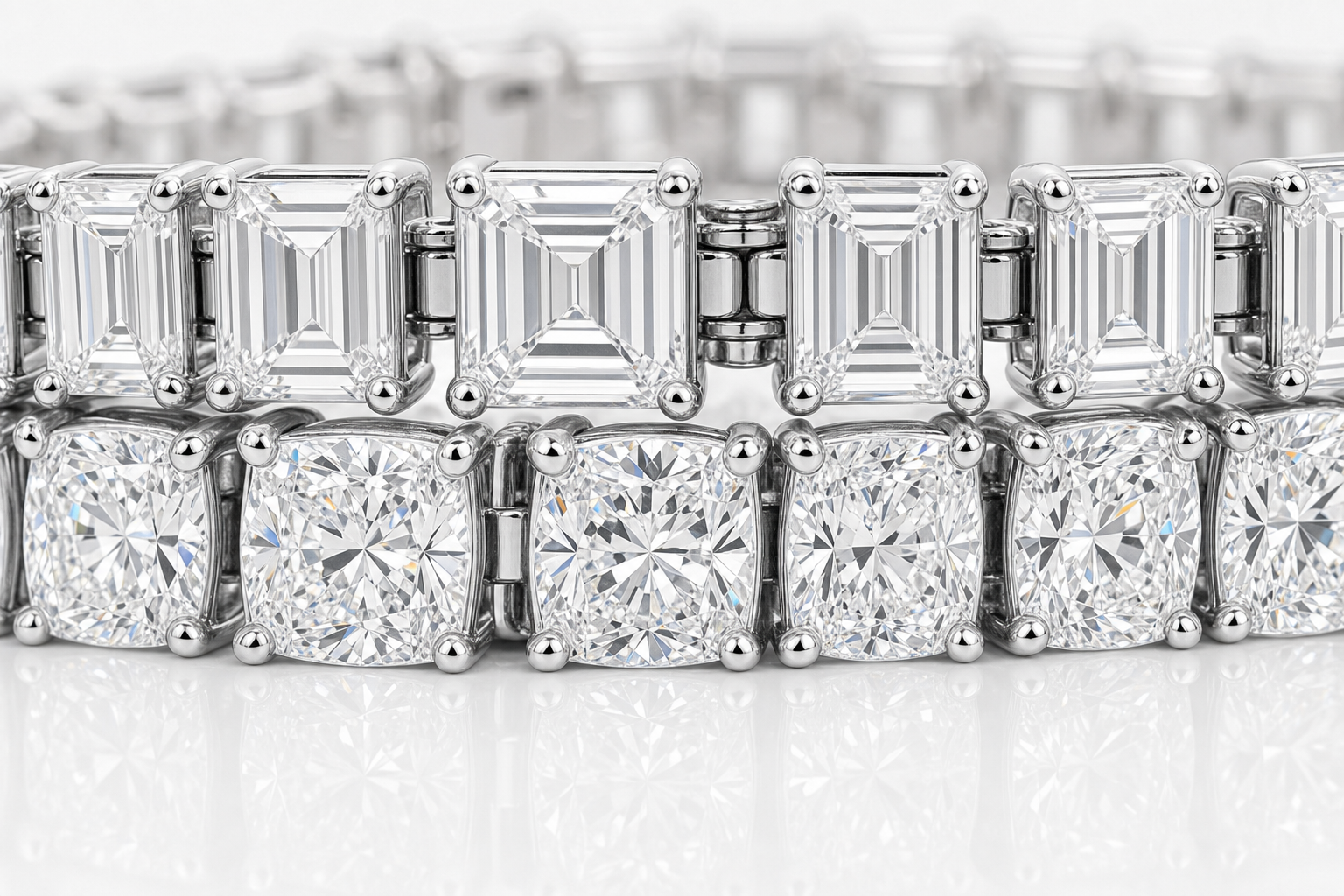 Emerald Cut & Elongated Cushion sterling silver tennis bracelet stack - detail