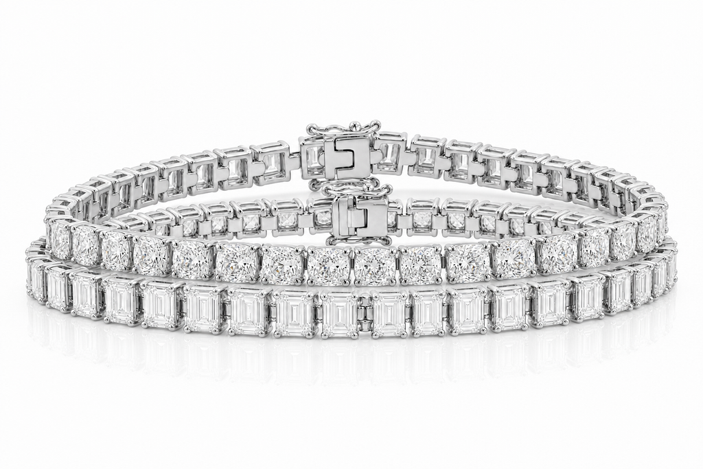 Emerald Cut & Elongated Cushion sterling silver tennis bracelet stack - hero