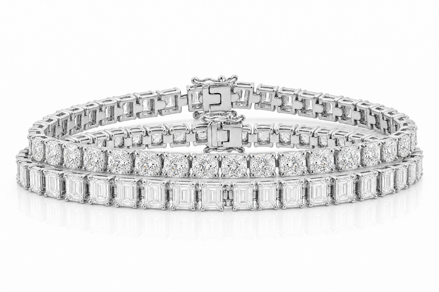 Emerald Cut & Elongated Cushion sterling silver tennis bracelet stack - hero