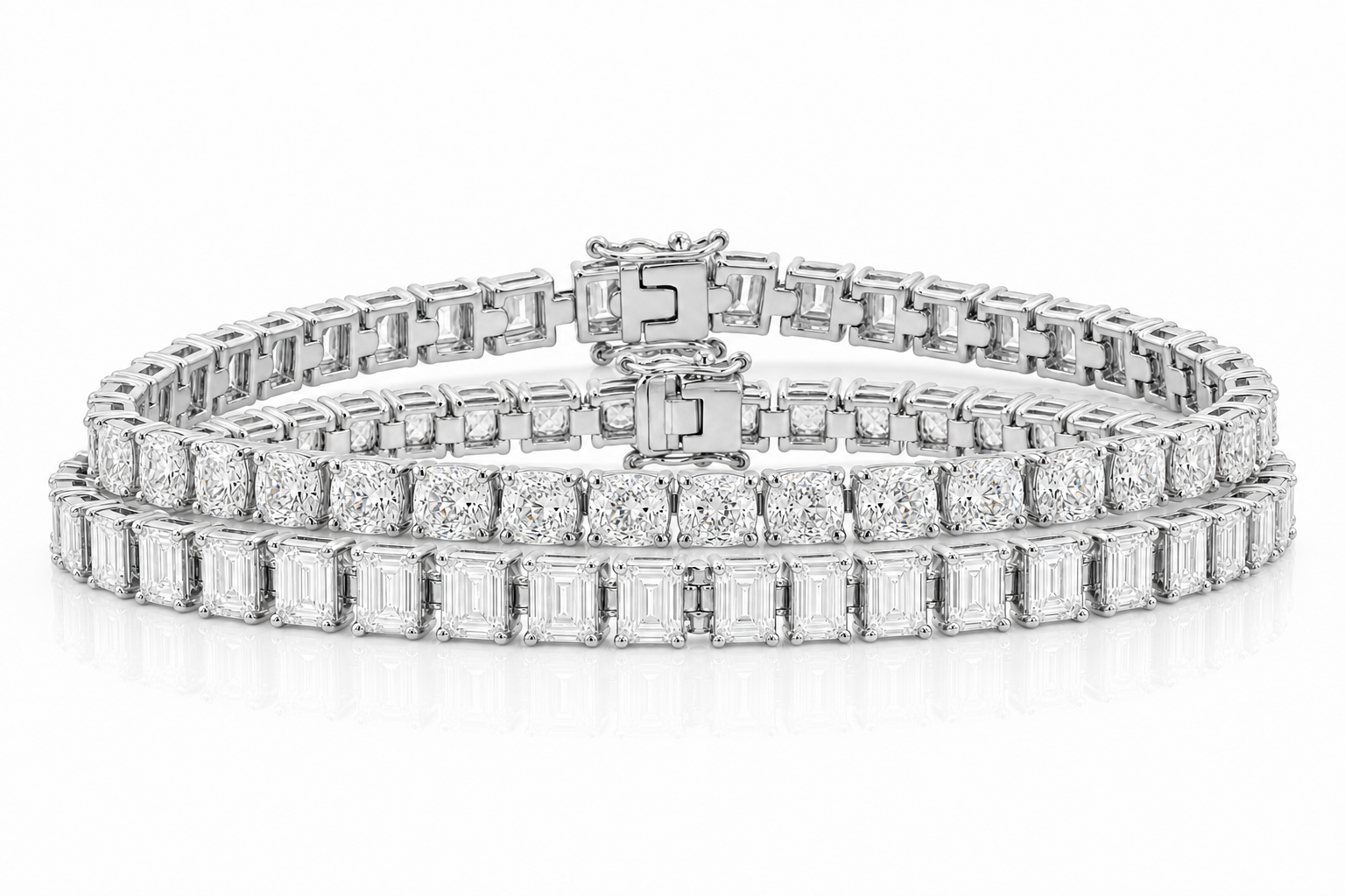 Emerald Cut & Elongated Cushion sterling silver tennis bracelet stack - hero