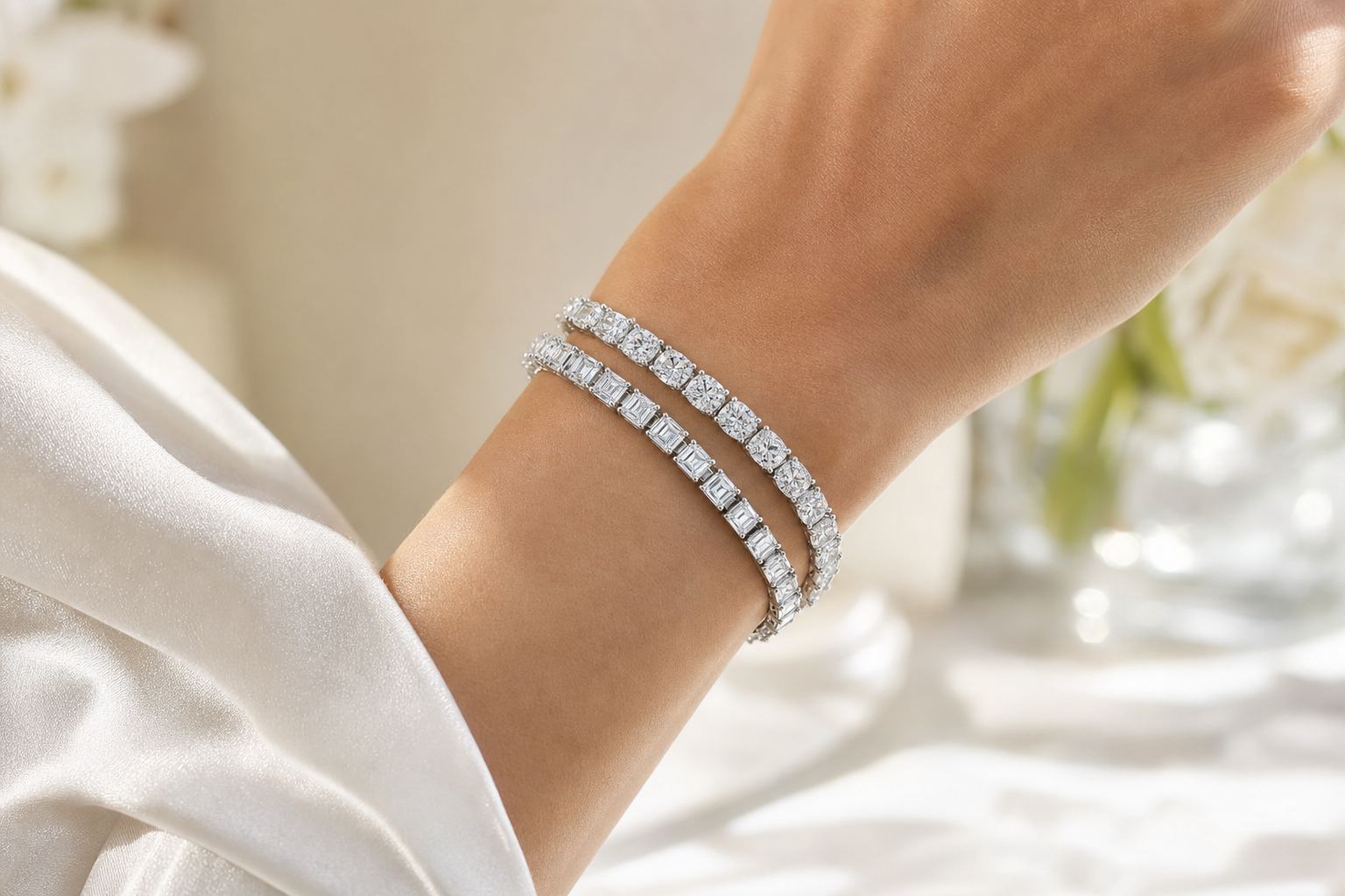 Emerald Cut & Elongated Cushion sterling silver tennis bracelet stack - life