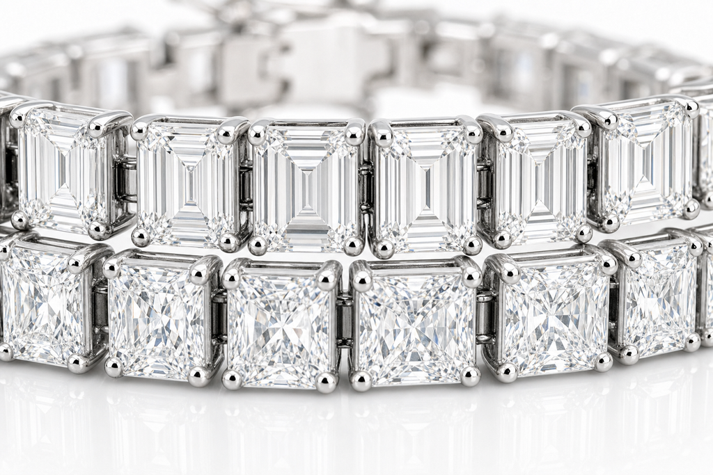 Emerald Cut & Radiant sterling silver tennis bracelet stack - detail