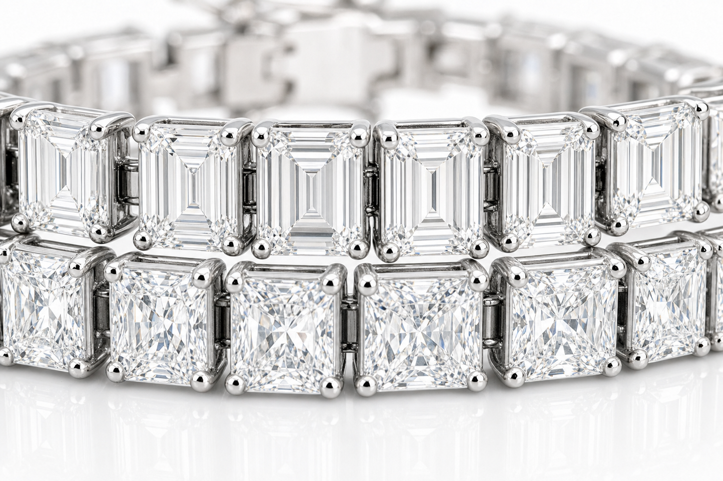 Emerald Cut & Radiant sterling silver tennis bracelet stack - detail
