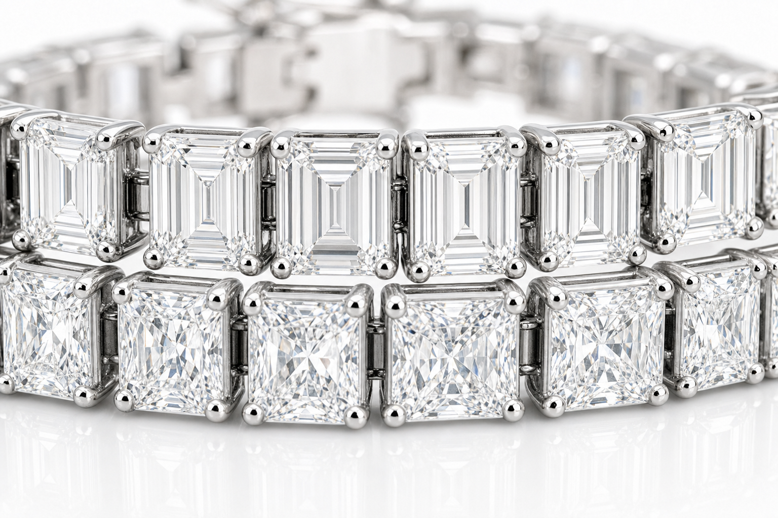Emerald Cut & Radiant sterling silver tennis bracelet stack - detail