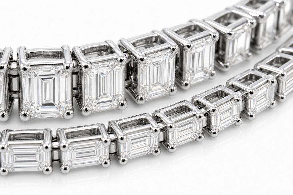 Emerald Cut & Baguette sterling silver tennis bracelet stack - detail