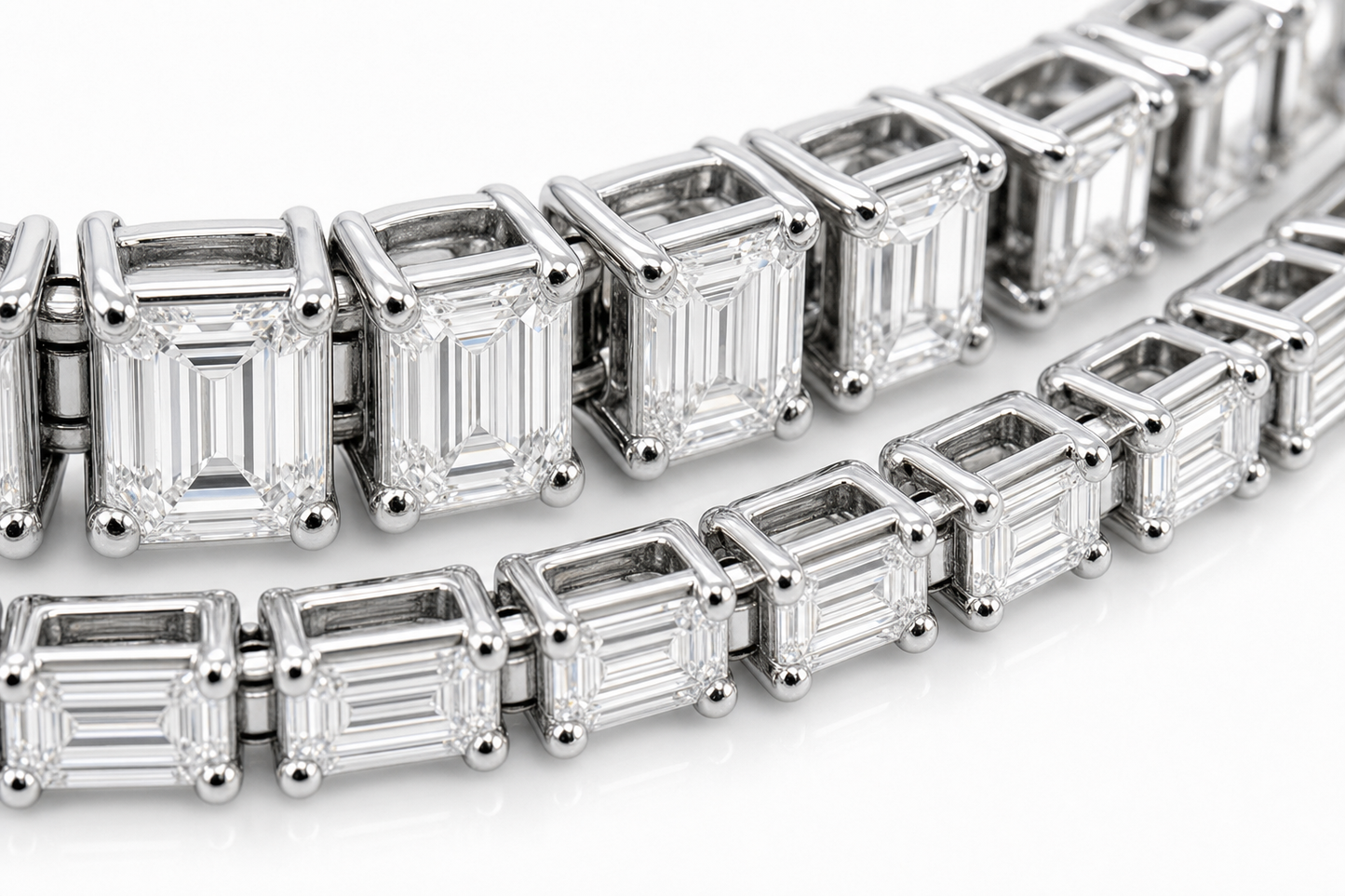 Emerald Cut & Baguette sterling silver tennis bracelet stack - detail