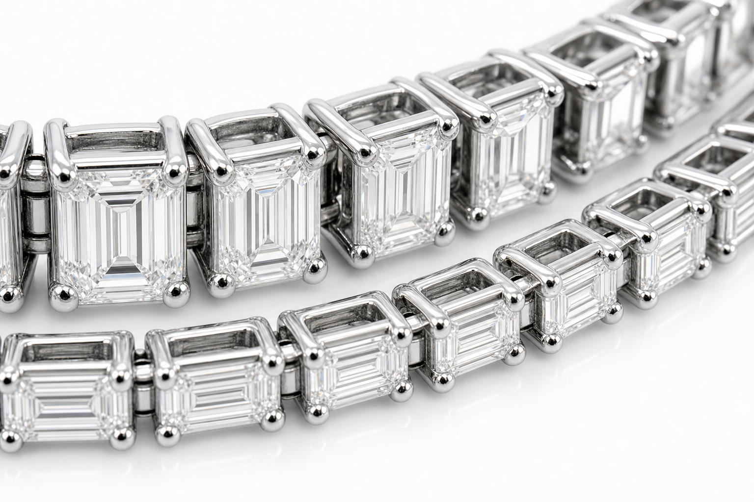 Emerald Cut & Baguette sterling silver tennis bracelet stack - detail