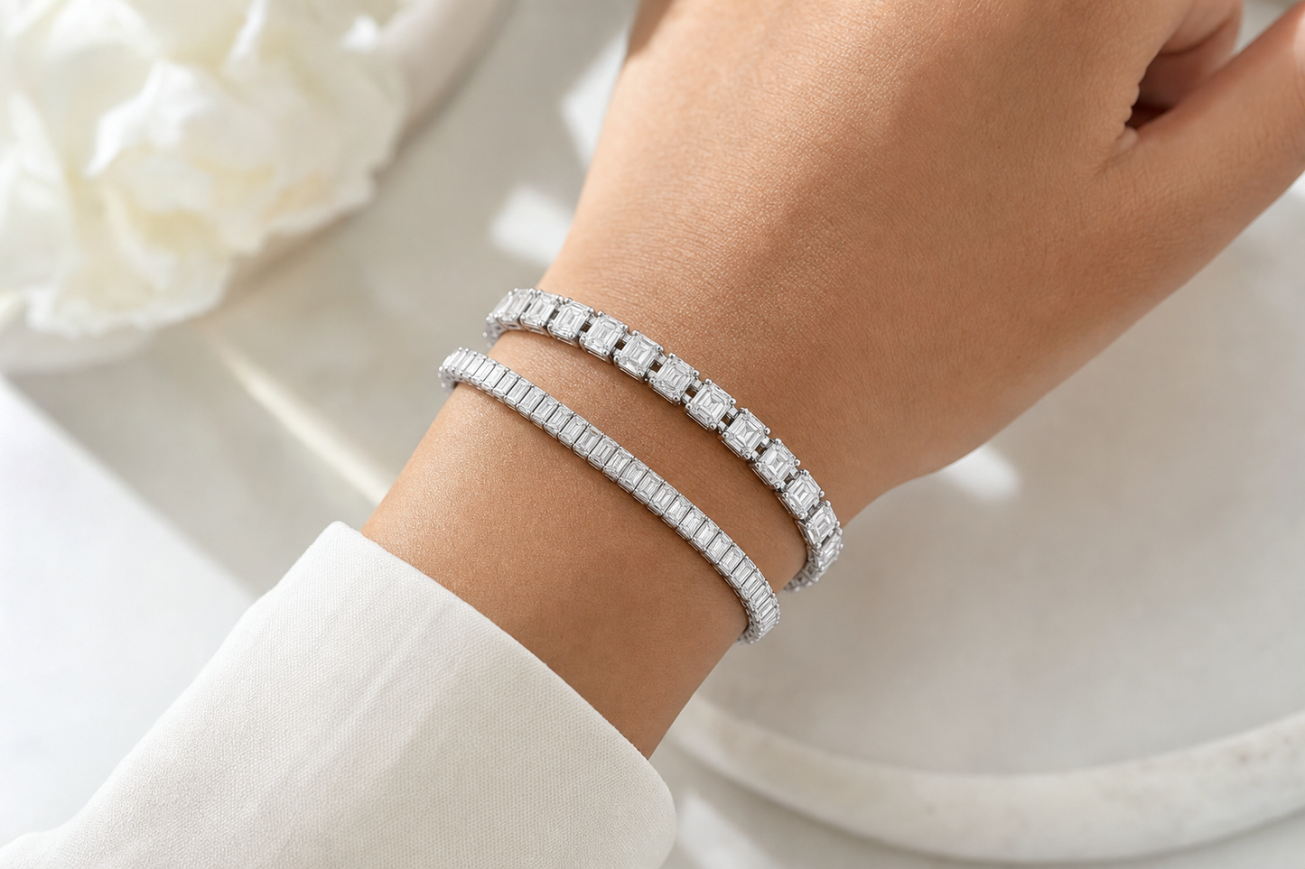 Emerald Cut & Baguette sterling silver tennis bracelet stack - life