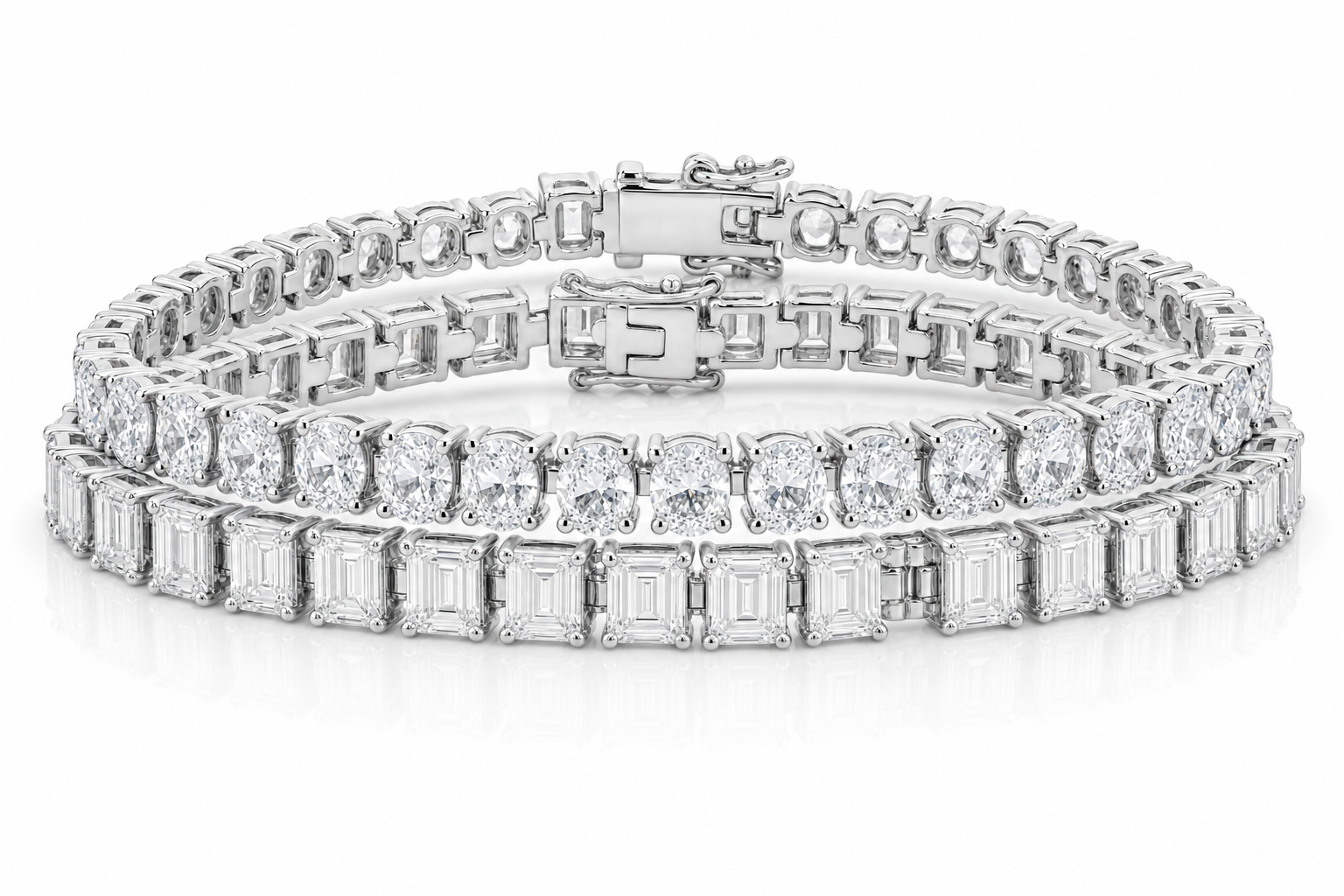 Emerald Cut & Oval sterling silver tennis bracelet stack - hero