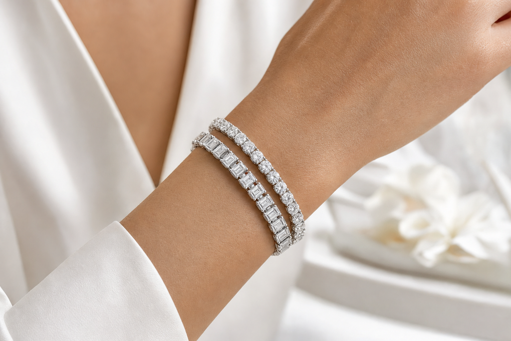 Emerald Cut & Oval sterling silver tennis bracelet stack - life