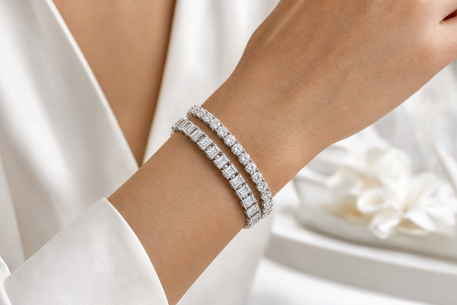 Emerald Cut & Oval sterling silver tennis bracelet stack - life
