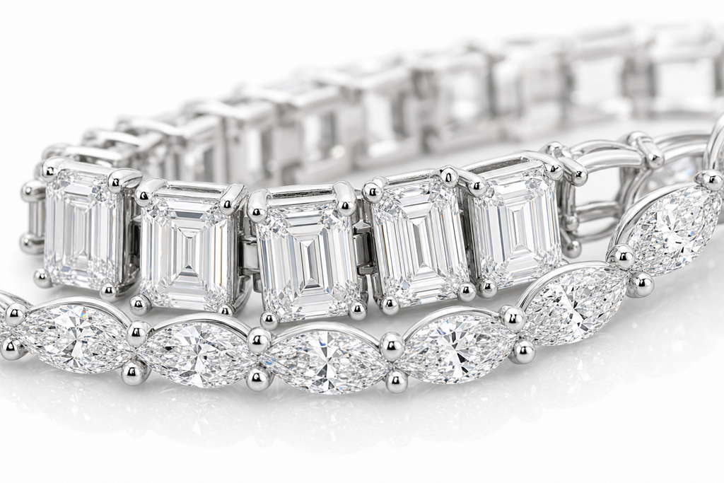 Emerald Cut & Marquise sterling silver tennis bracelet stack - detail